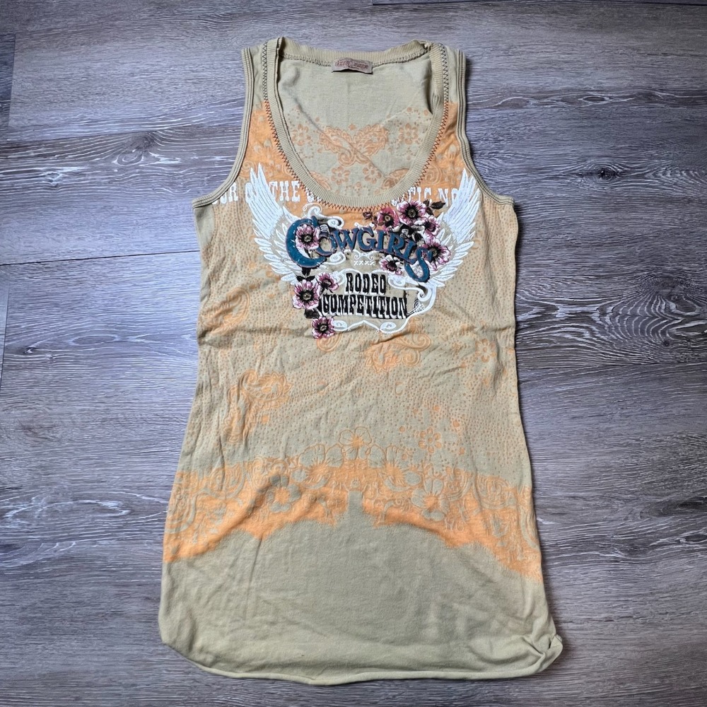 Skinny‎ Minnie Tank Top Womens Medium Tan Cowgirls Rodeo Graphic Western Y2K USA